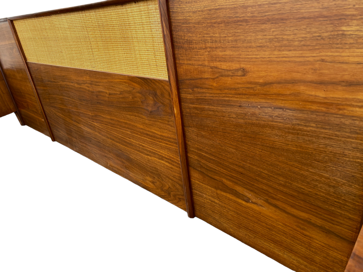 REFINISHED Mid Century Modern Walnut & Cane Bed King, 2 Dressers, 2 Nightstands