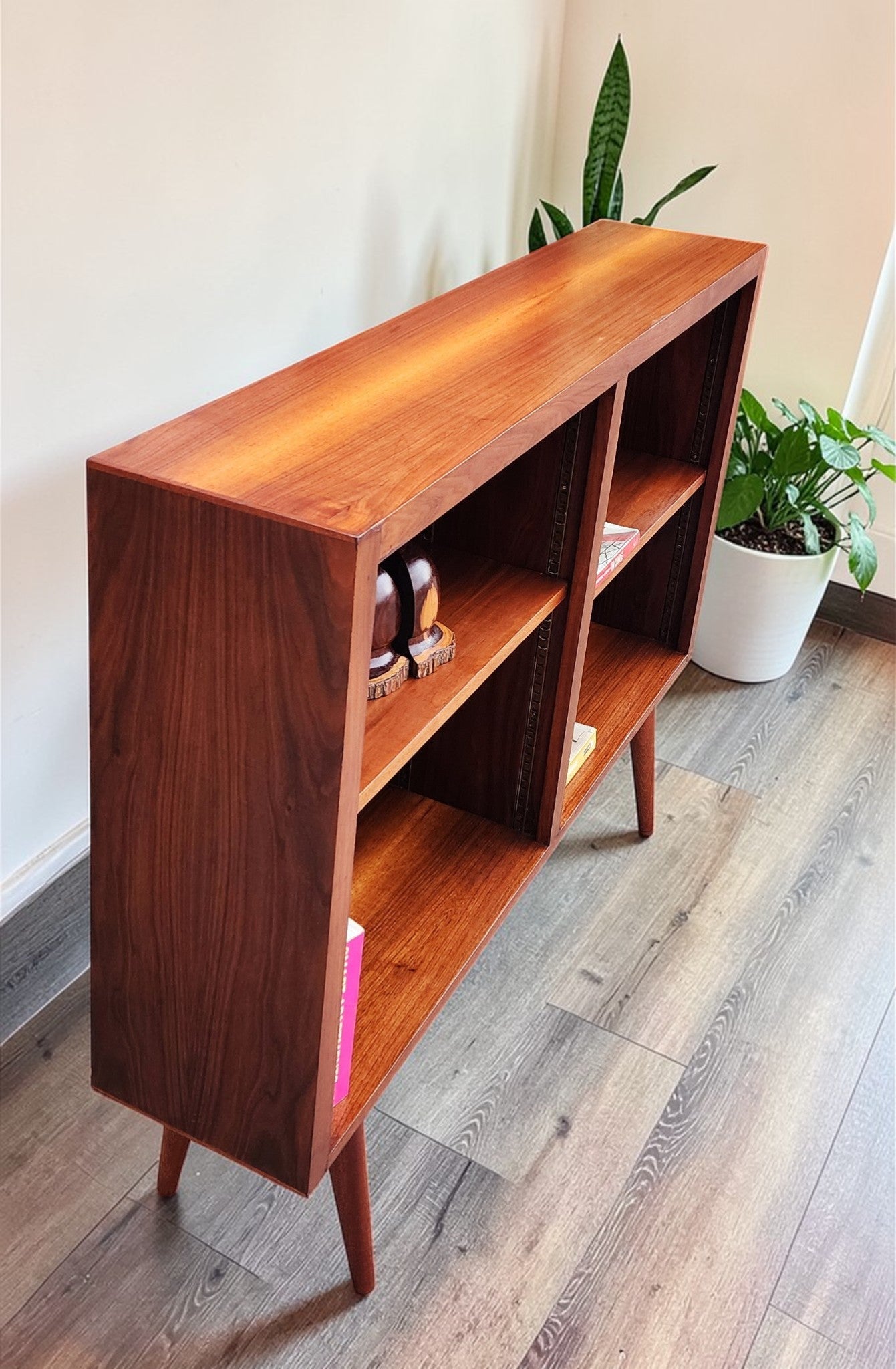 REFINISHED Mid Century Modern Walnut Display Bookcase Narrow 49"