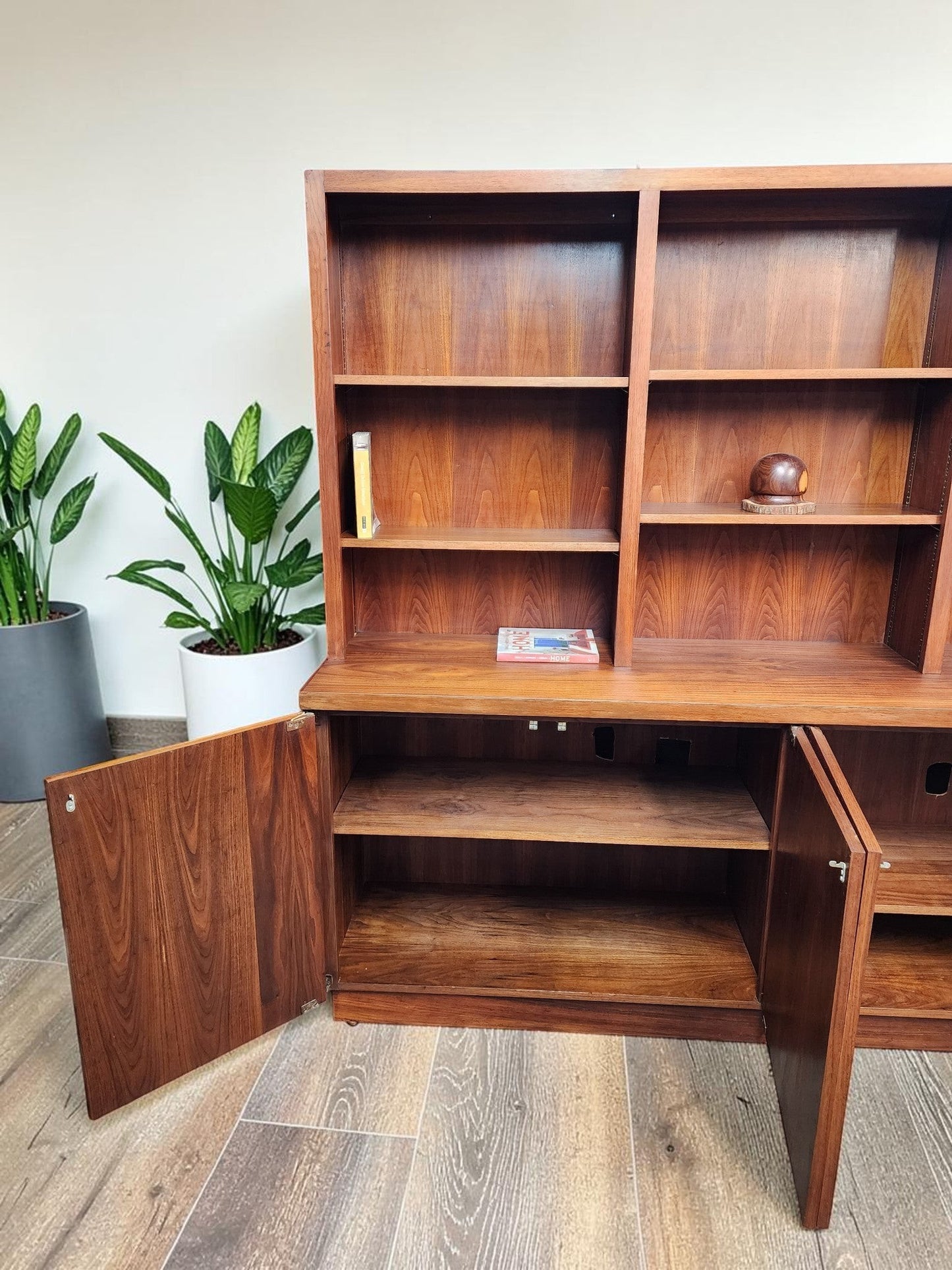 REFINISHED Mid Century Modern Walnut Cabinet w Shelving 79"