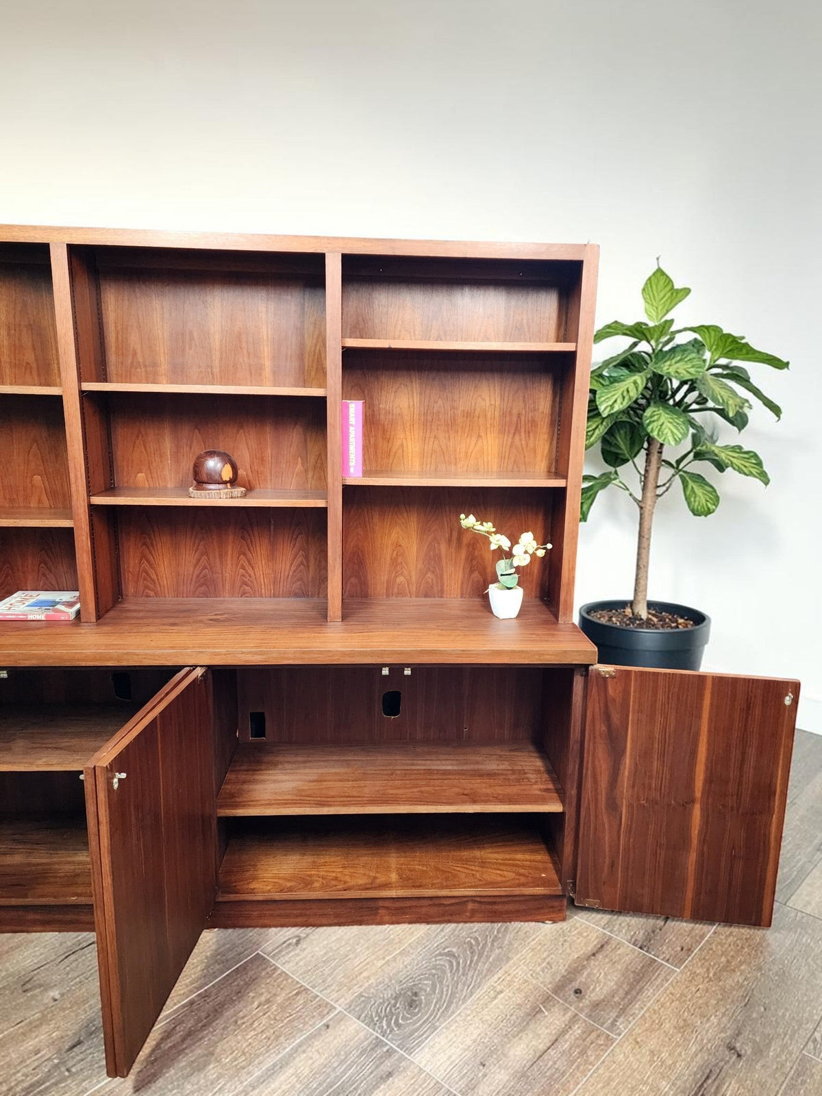 REFINISHED Mid Century Modern Walnut Cabinet w Shelving 79