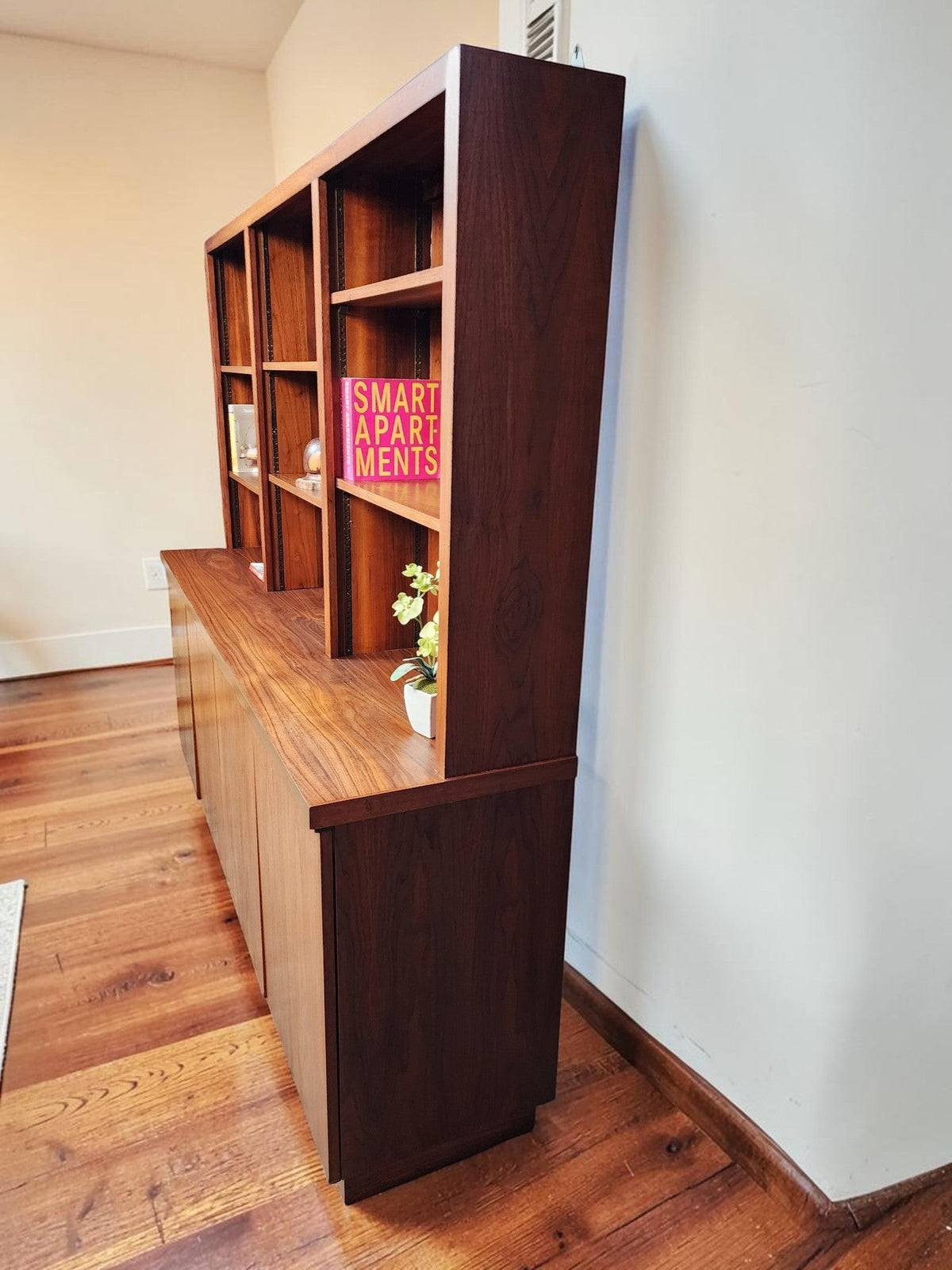 REFINISHED Mid Century Modern Walnut Cabinet w Shelving 79