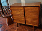 REFINISHED MCM walnut cabinet w sliding doors, narrow, fits records 37.5” 1