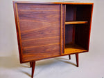 REFINISHED MCM walnut cabinet w sliding doors, narrow, fits records 37.5” 2