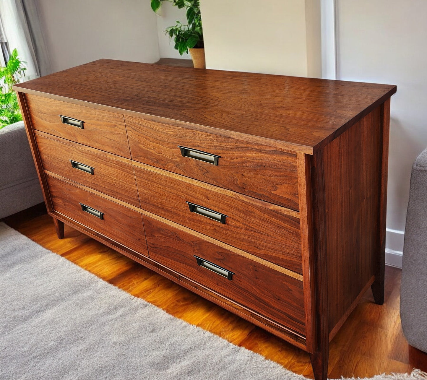 REFINISHED Mid Century Modern Walnut Dresser 6 Drawers by Gibbard 58"
