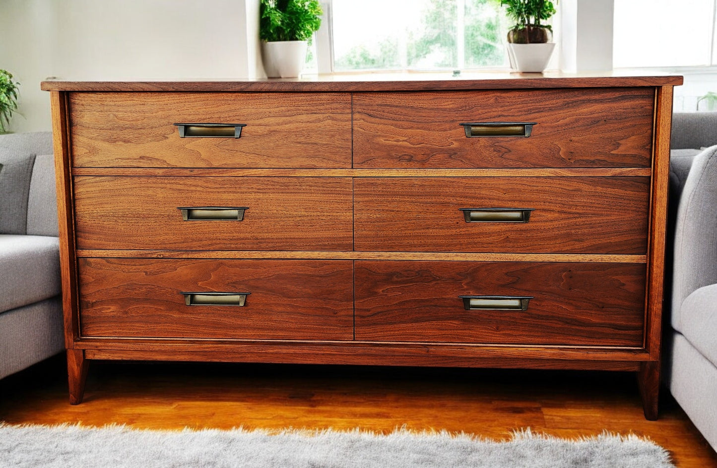 REFINISHED Mid Century Modern Walnut Dresser 6 Drawers by Gibbard 58"