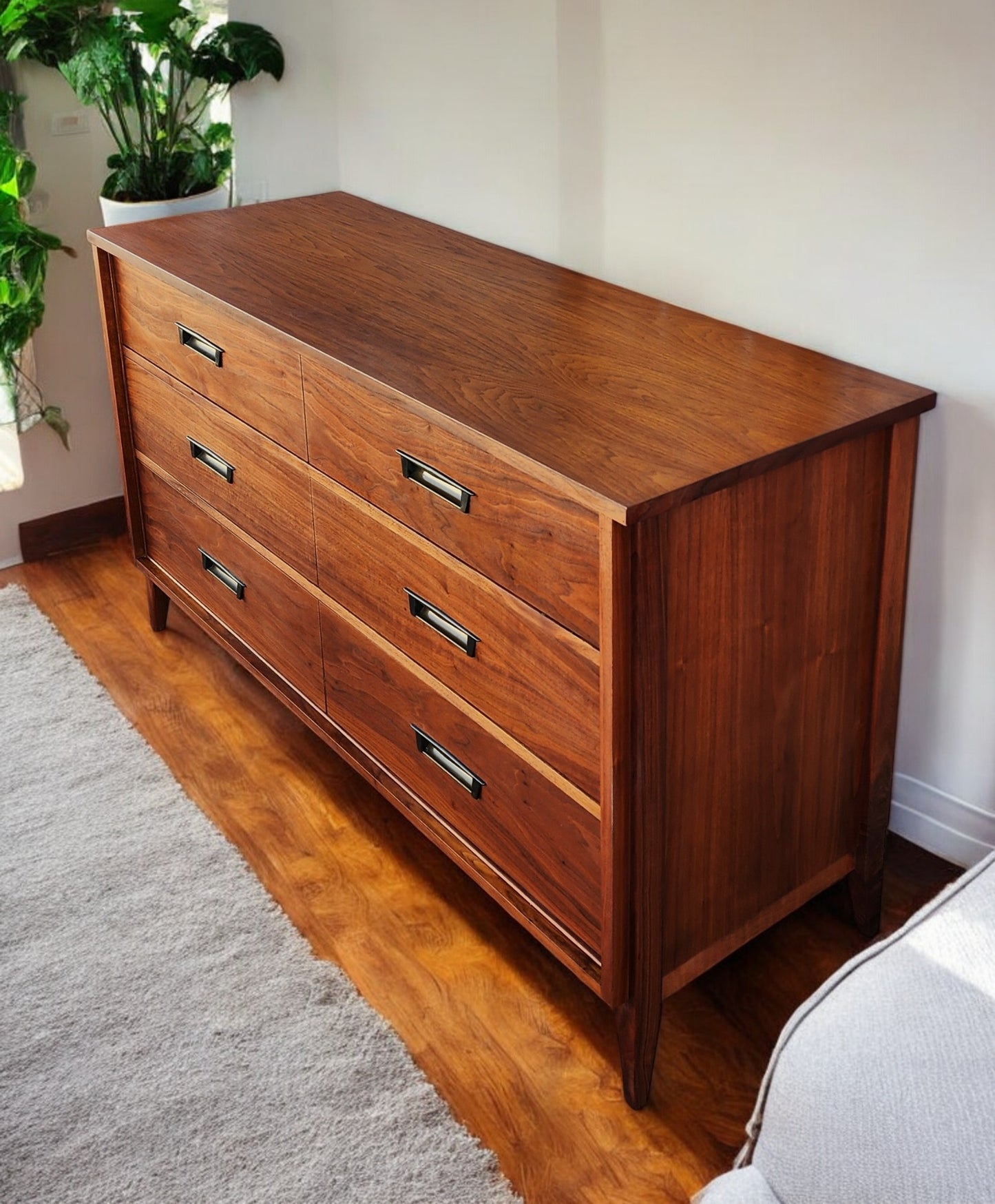 REFINISHED Mid Century Modern Walnut Dresser 6 Drawers by Gibbard 58"