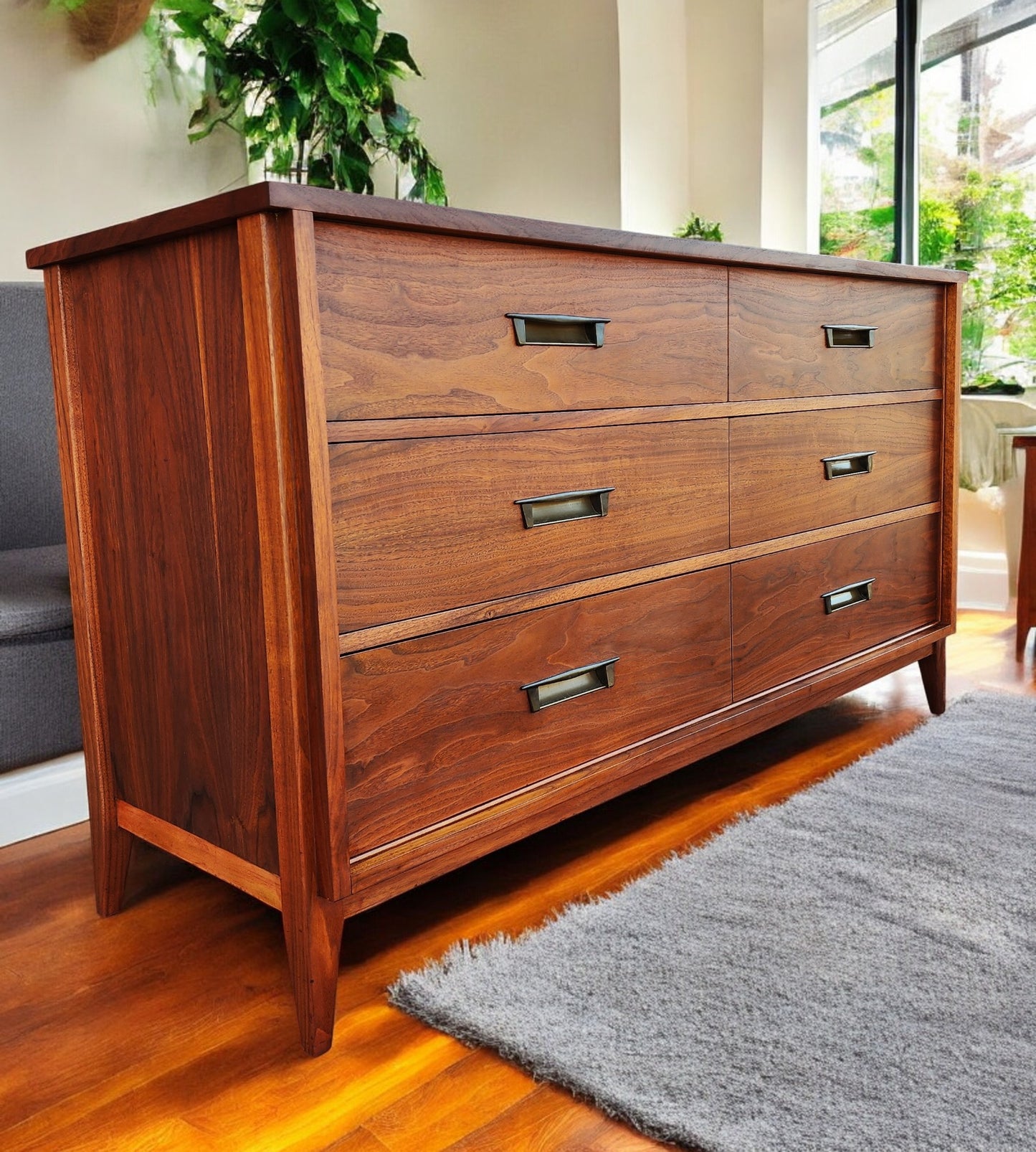REFINISHED Mid Century Modern Walnut Dresser 6 Drawers by Gibbard 58"