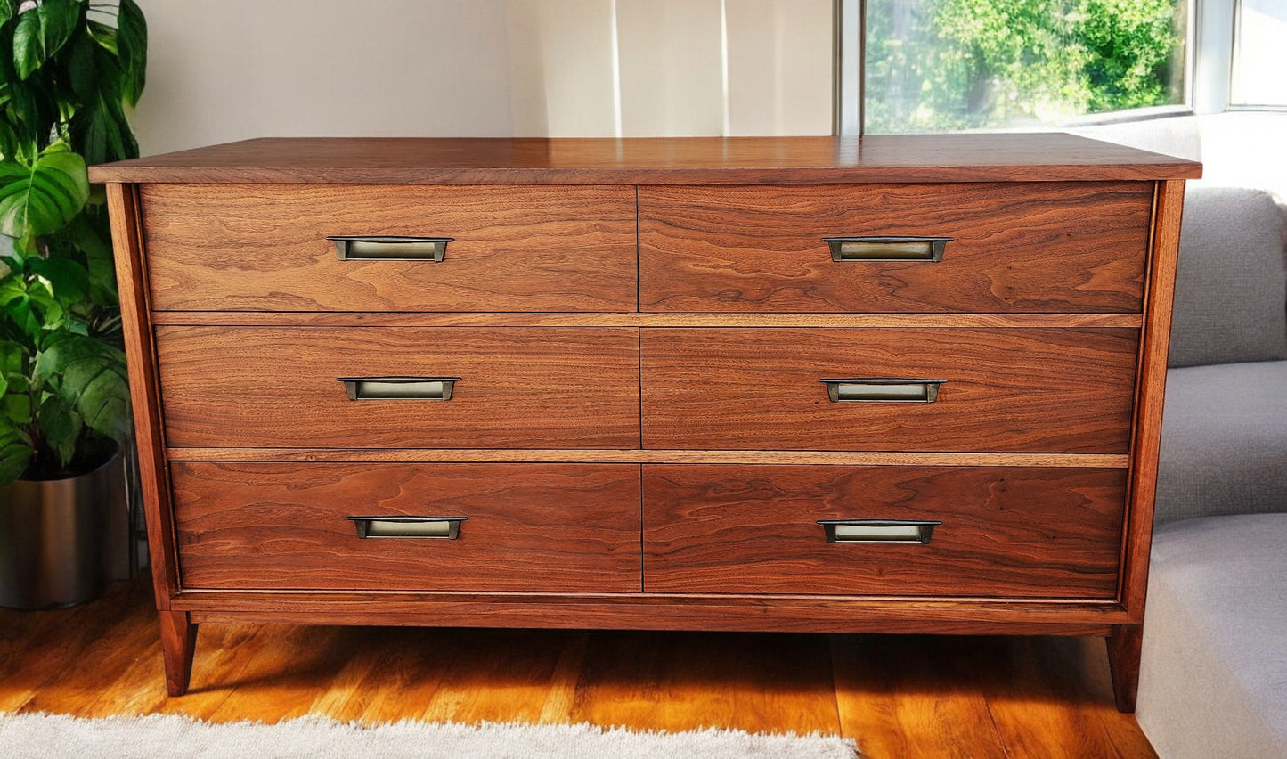 REFINISHED Mid Century Modern Walnut Dresser 6 Drawers by Gibbard 58"