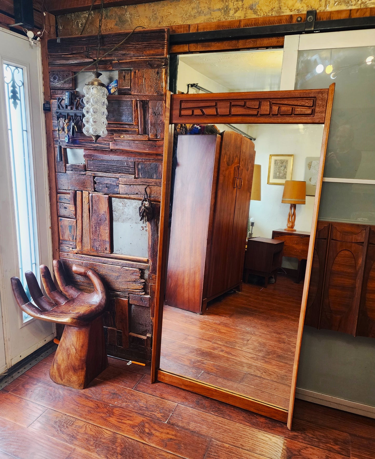 REFINISHED Mid Century Modern Brutalist Solid Walnut Mirror Large