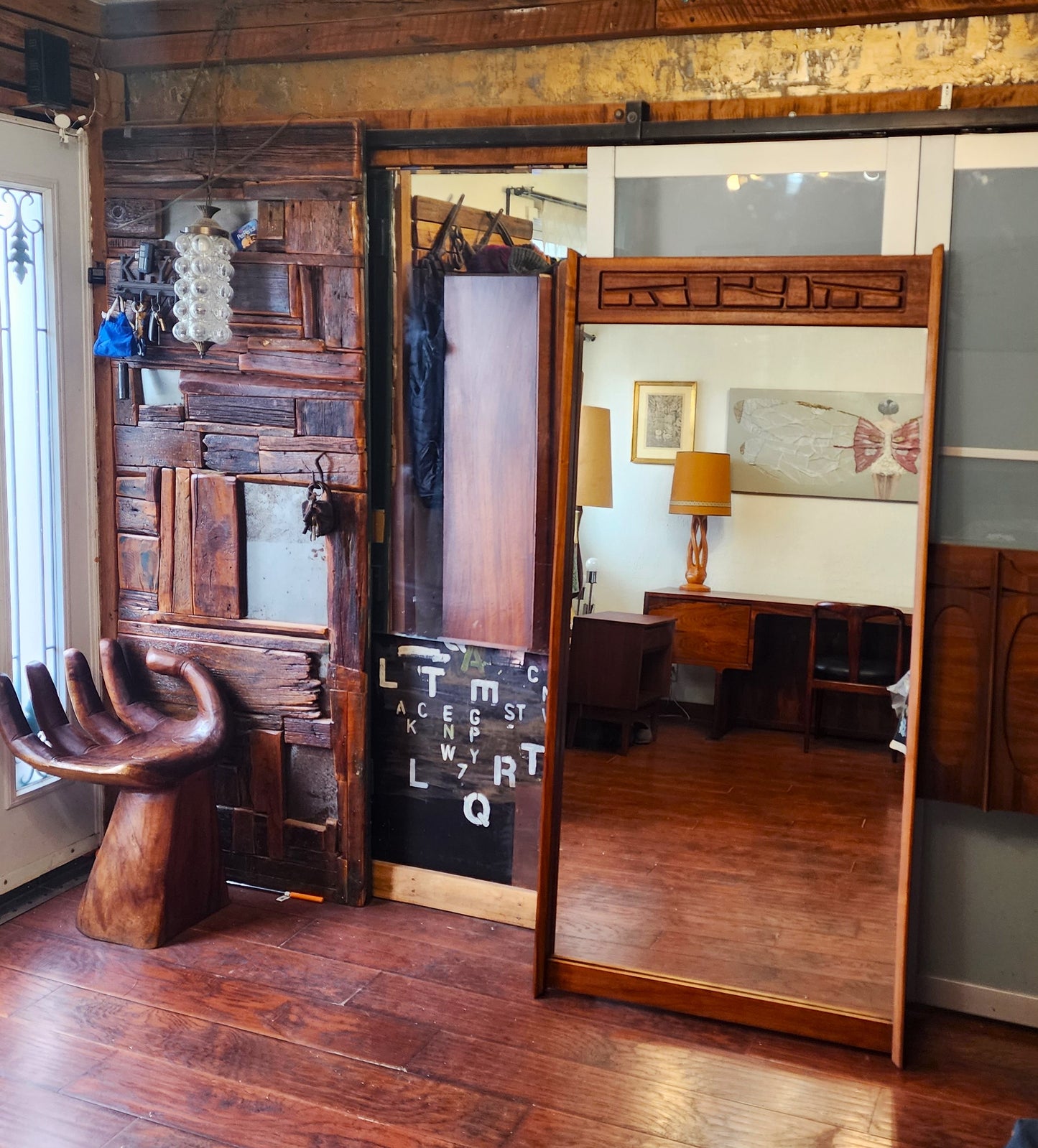 REFINISHED Mid Century Modern Brutalist Solid Walnut Mirror Large