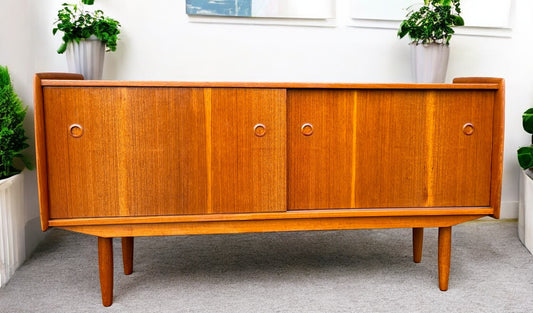 On Hold***REFINISHED Mid Century Teak Sideboard Buffet TV Media Console by R.Huber 60" narrow