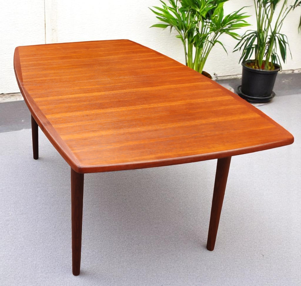 REFINISHED MCM Boat Shaped Teak Table Self storing w 2 Leaves by G. Bahus 63