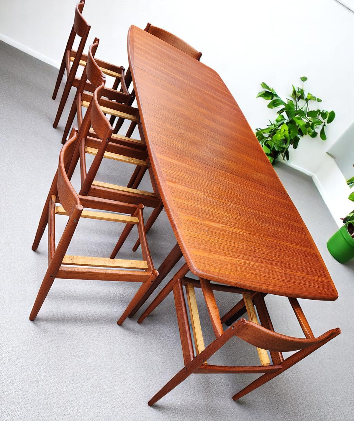 REFINISHED MCM Boat Shaped Teak Table Self storing w 2 Leaves by G. Bahus 63