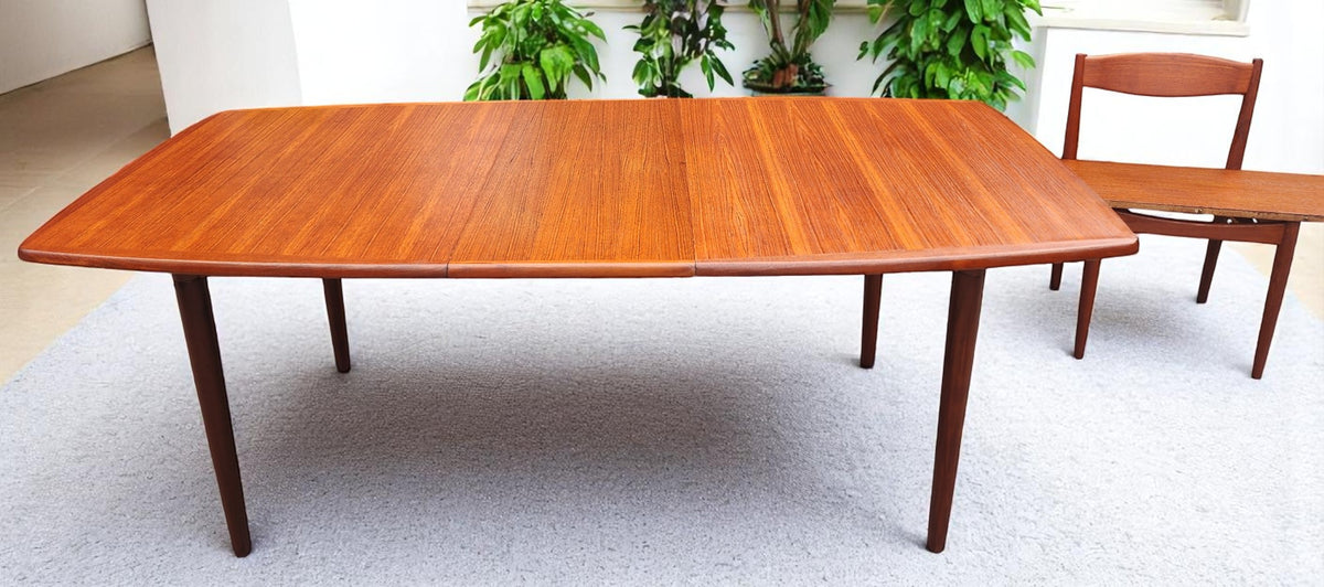 REFINISHED MCM Boat Shaped Teak Table Self storing w 2 Leaves by G. Bahus 63