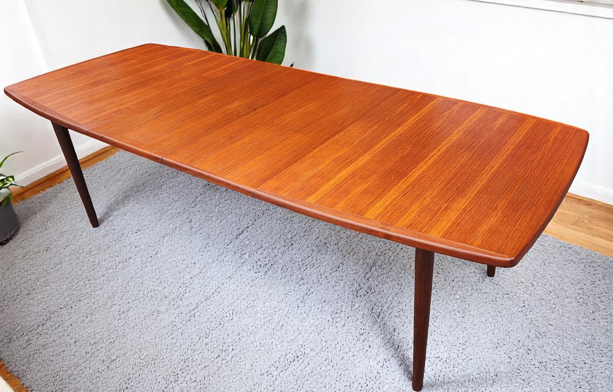 REFINISHED MCM Boat Shaped Teak Table Self storing w 2 Leaves by G. Bahus 63
