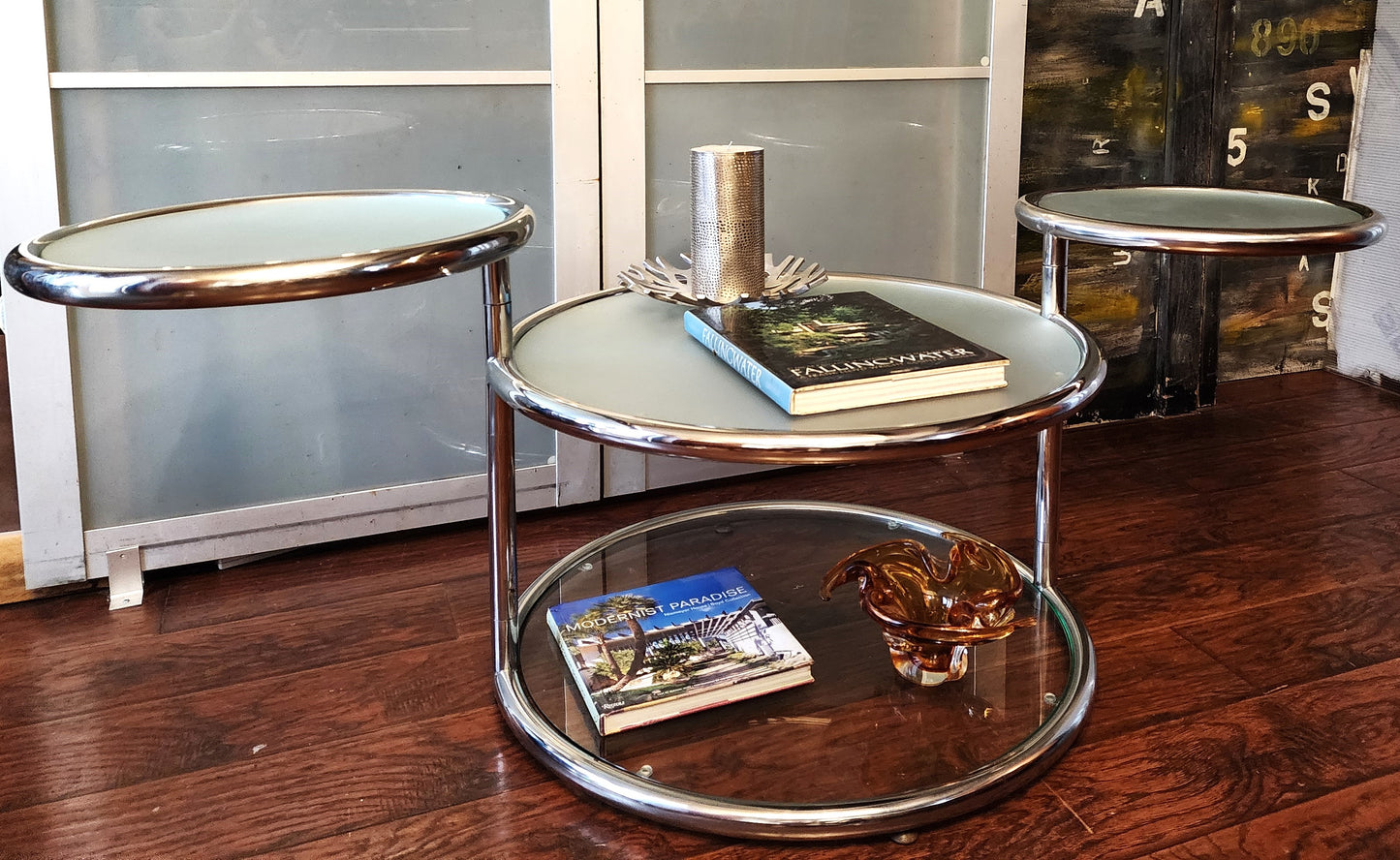 Mid Century Modern Milo Baughman Style Swivel Tiered Circles Coffee Table 29"-64"