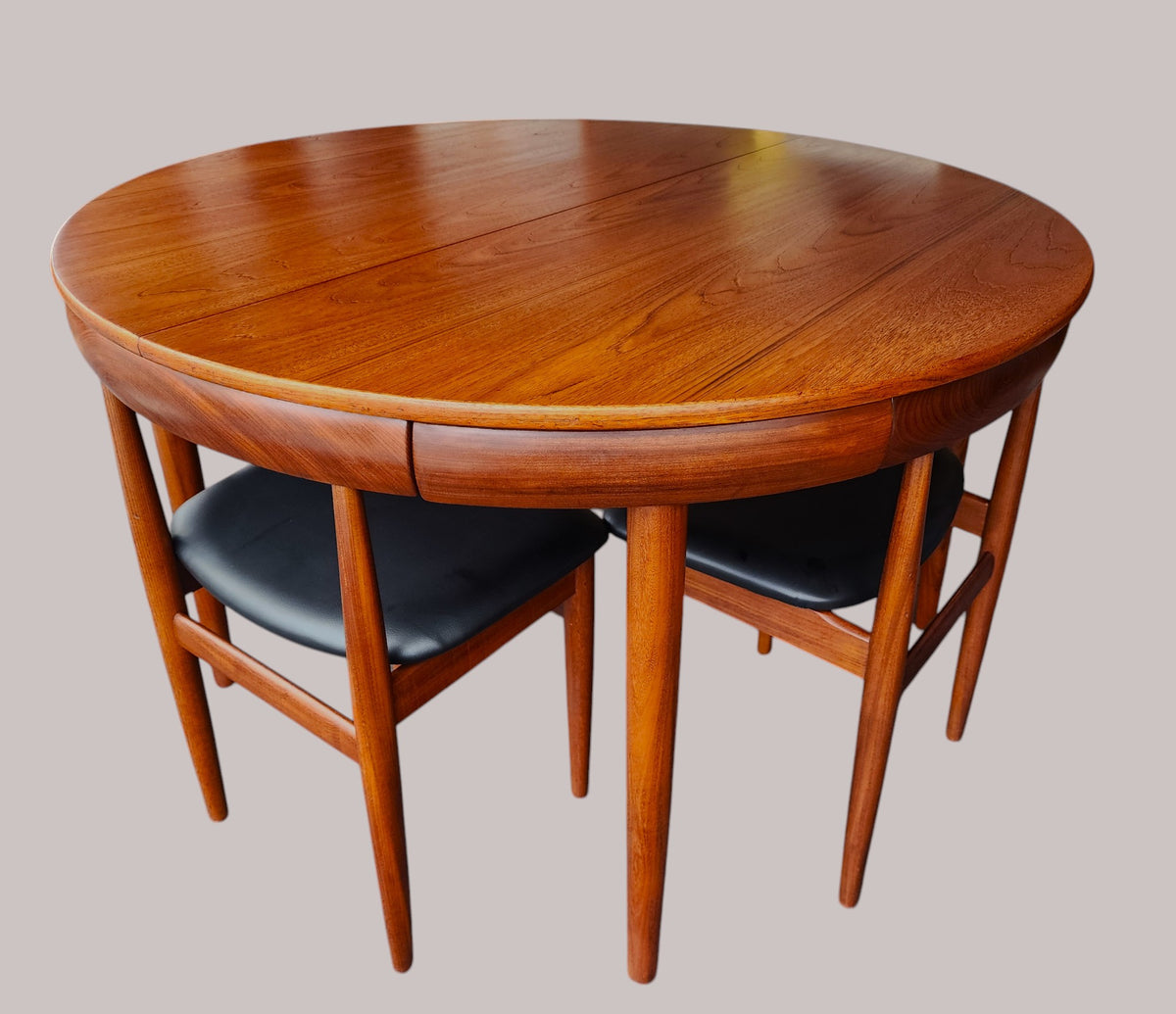 REFINISHED Danish MCM Roundette Teak Extension Table & 6 Chairs (4-legged) by Hans Olsen