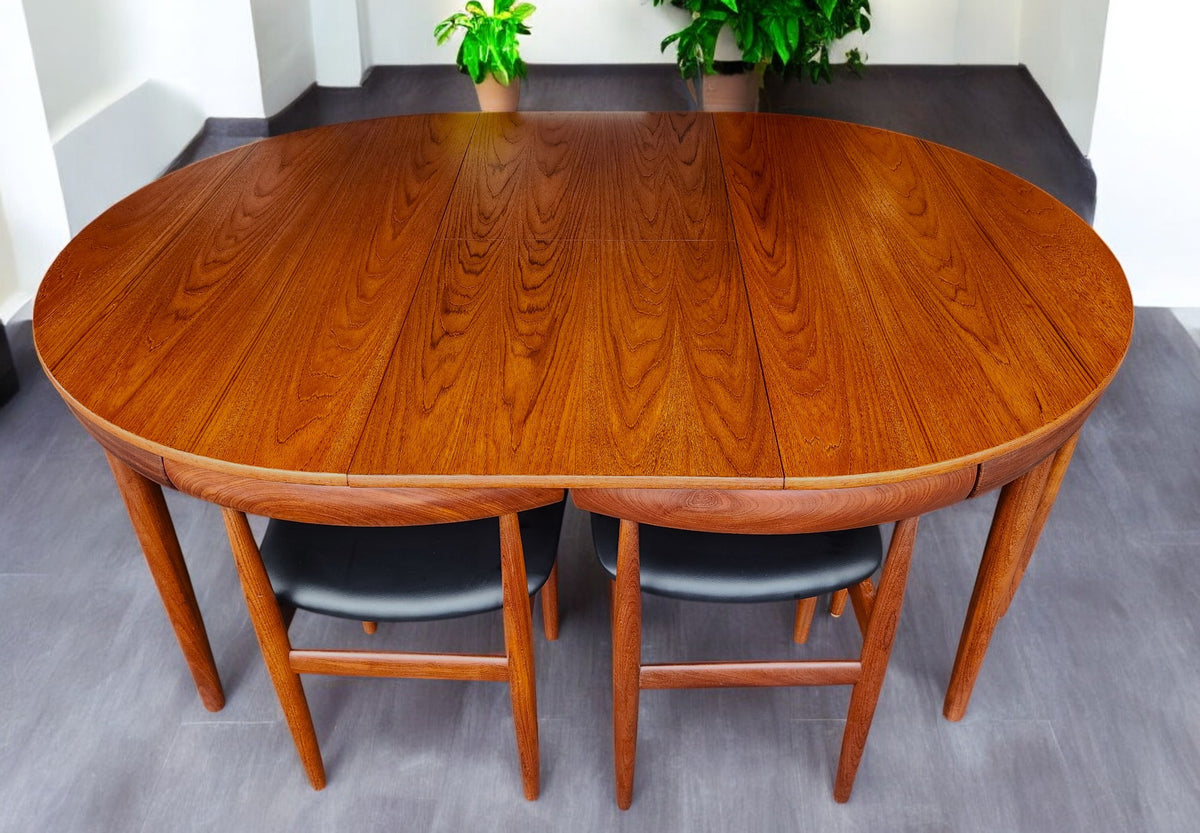 REFINISHED Danish MCM Roundette Teak Extension Table & 6 Chairs (4-legged) by Hans Olsen
