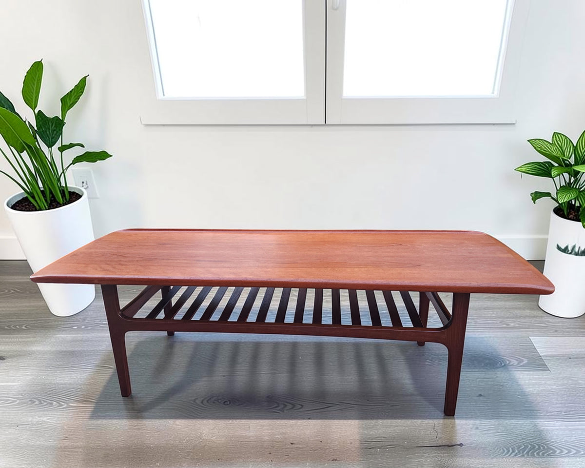 REFINISHED  Mid Century Modern Teak Coffee Table with Slatted Shelf 5 ft
