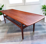 REFINISHED  Mid Century Modern Teak Coffee Table with Slatted Shelf 5 ft 8
