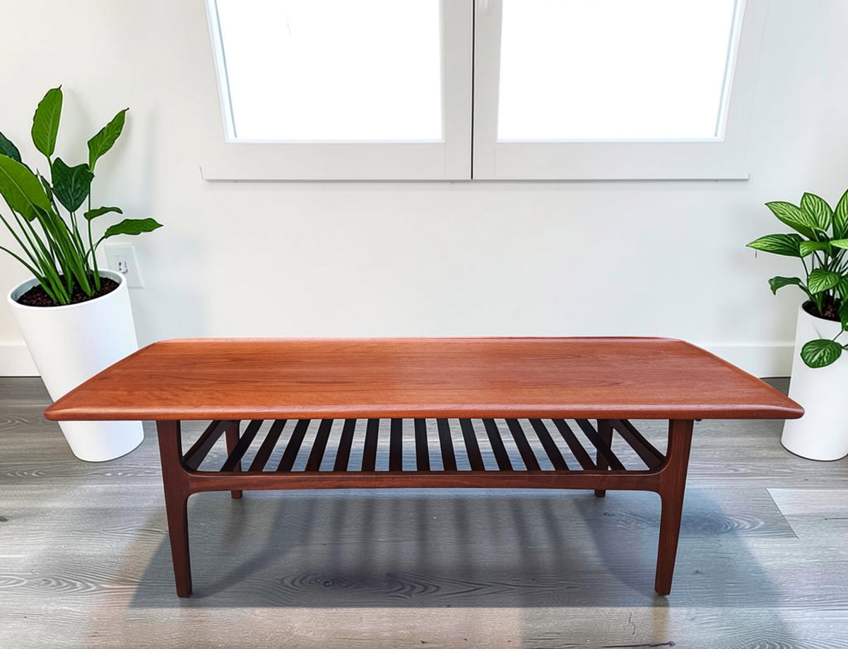 REFINISHED  Mid Century Modern Teak Coffee Table with Slatted Shelf 5 ft