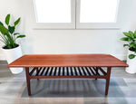 REFINISHED  Mid Century Modern Teak Coffee Table with Slatted Shelf 5 ft 9