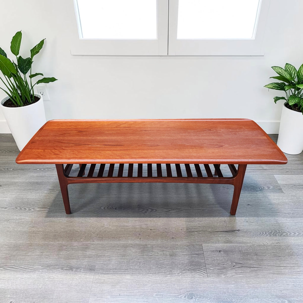 REFINISHED  Mid Century Modern Teak Coffee Table with Slatted Shelf 5 ft