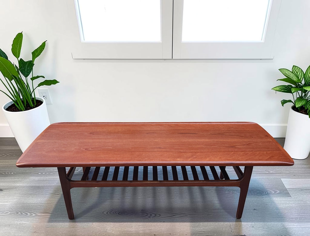 REFINISHED  Mid Century Modern Teak Coffee Table with Slatted Shelf 5 ft