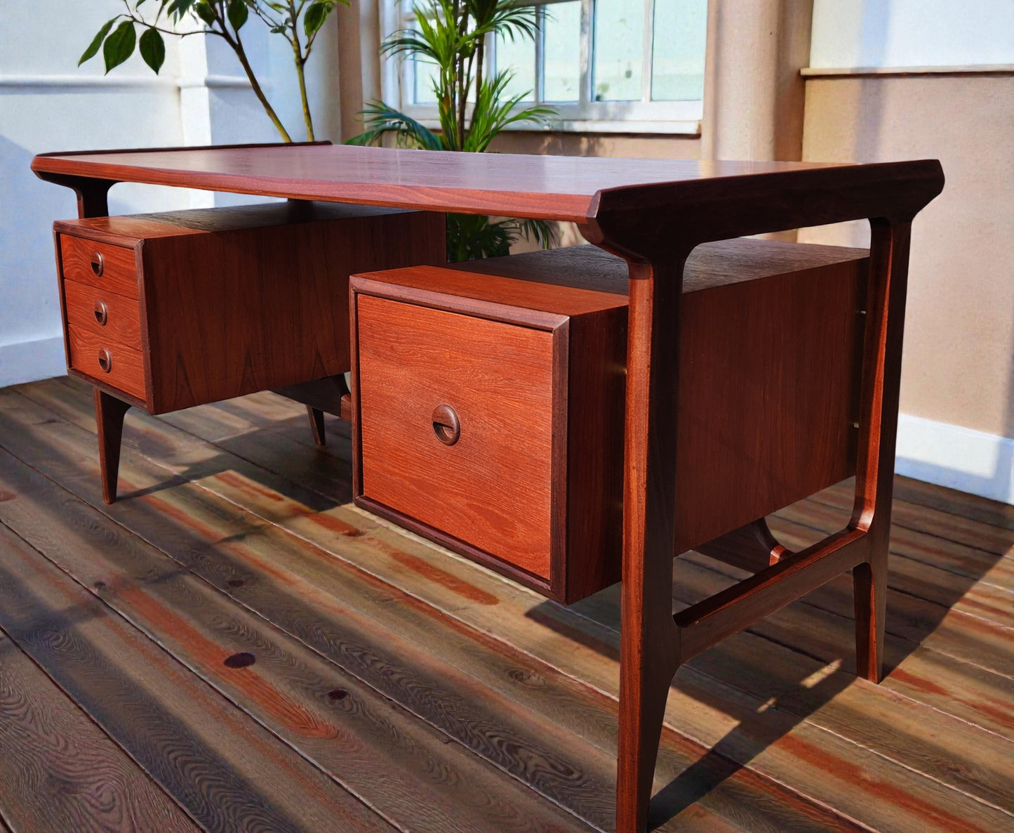 Coming***REFINISHED Mid Century Modern Teak Desk with Bookcase Back by Punch