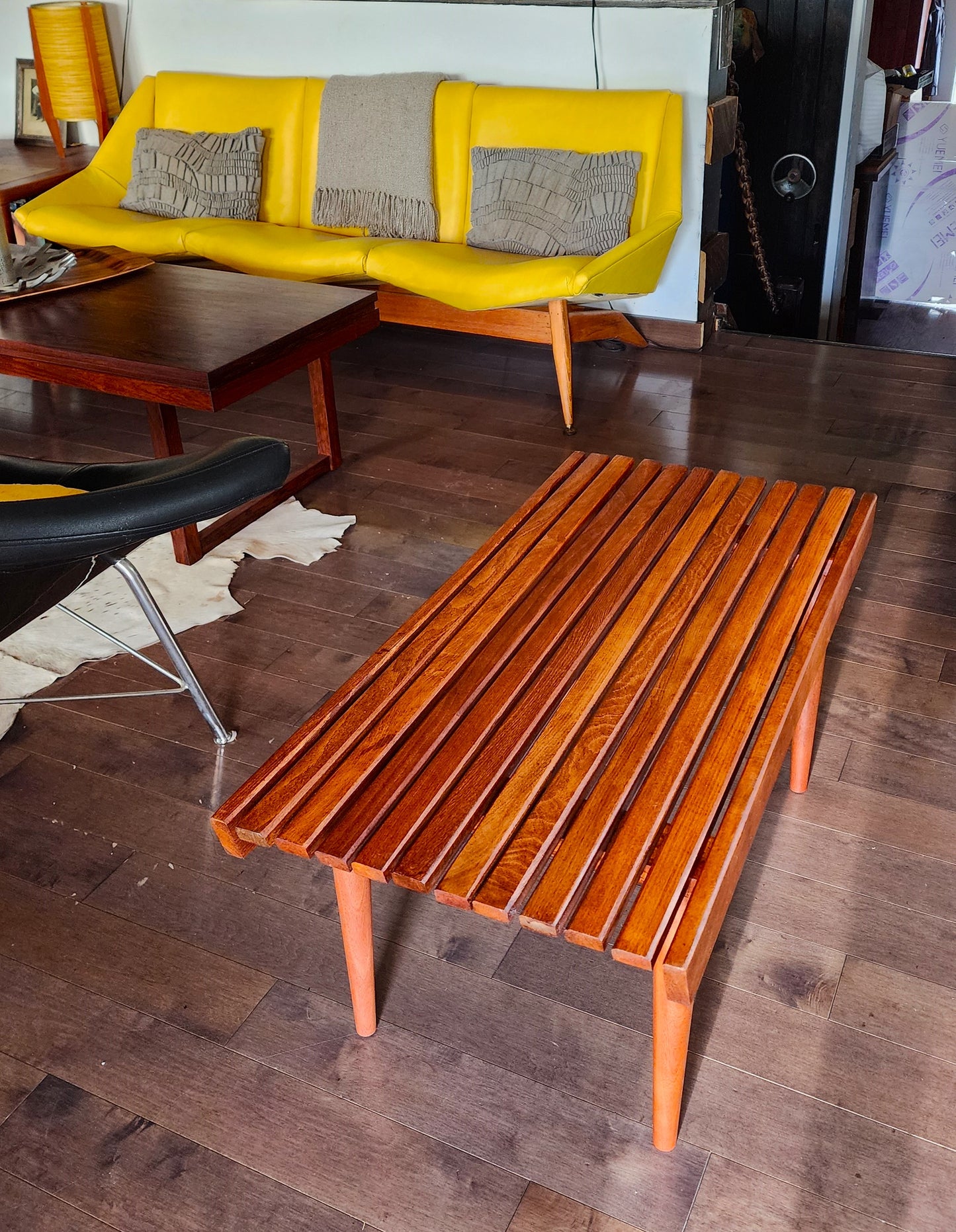 REFINISHED Mid Century Modern Teak Slatted Bench or Coffee Table 3 ft