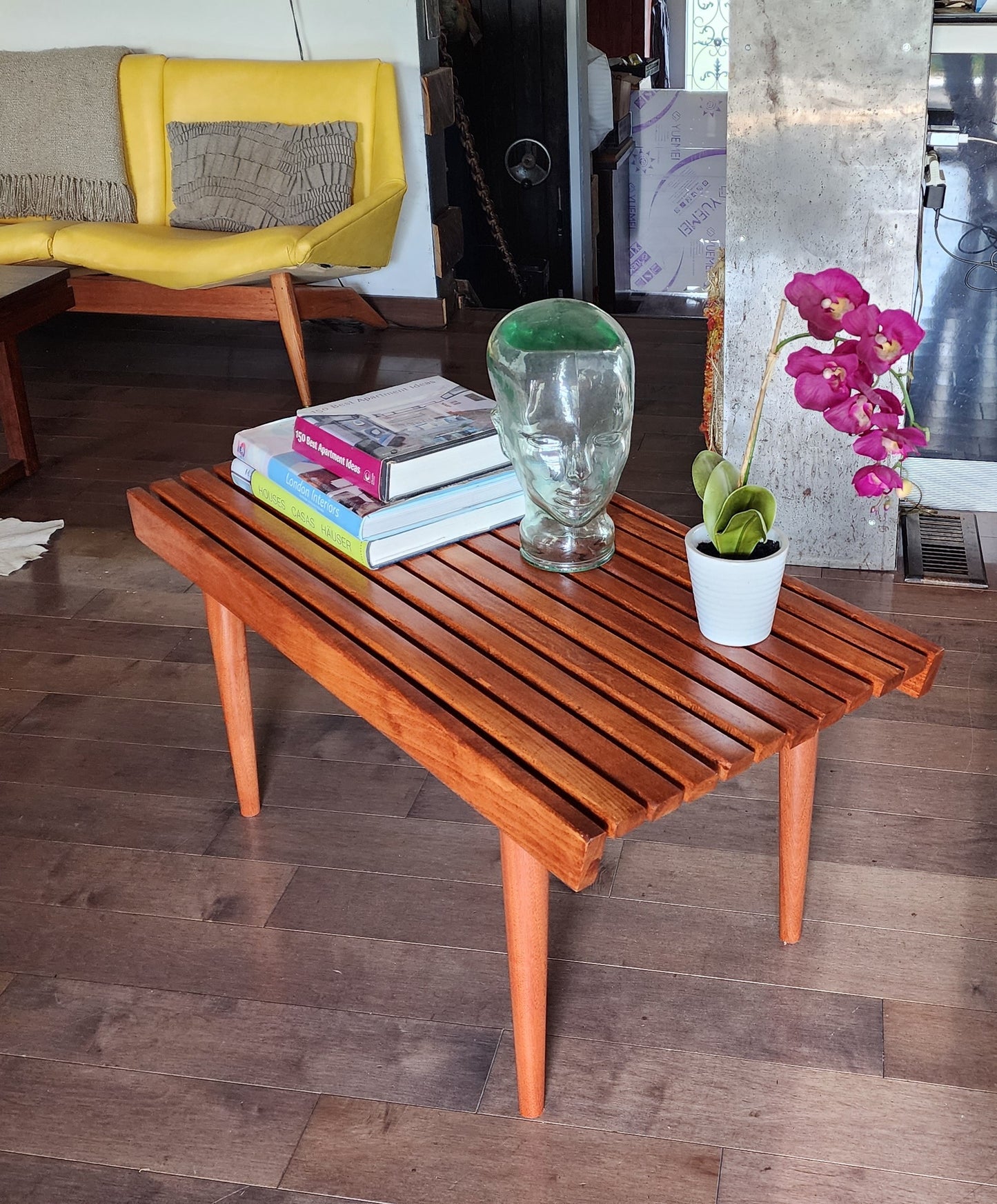 REFINISHED Mid Century Modern Teak Slatted Bench or Coffee Table 3 ft