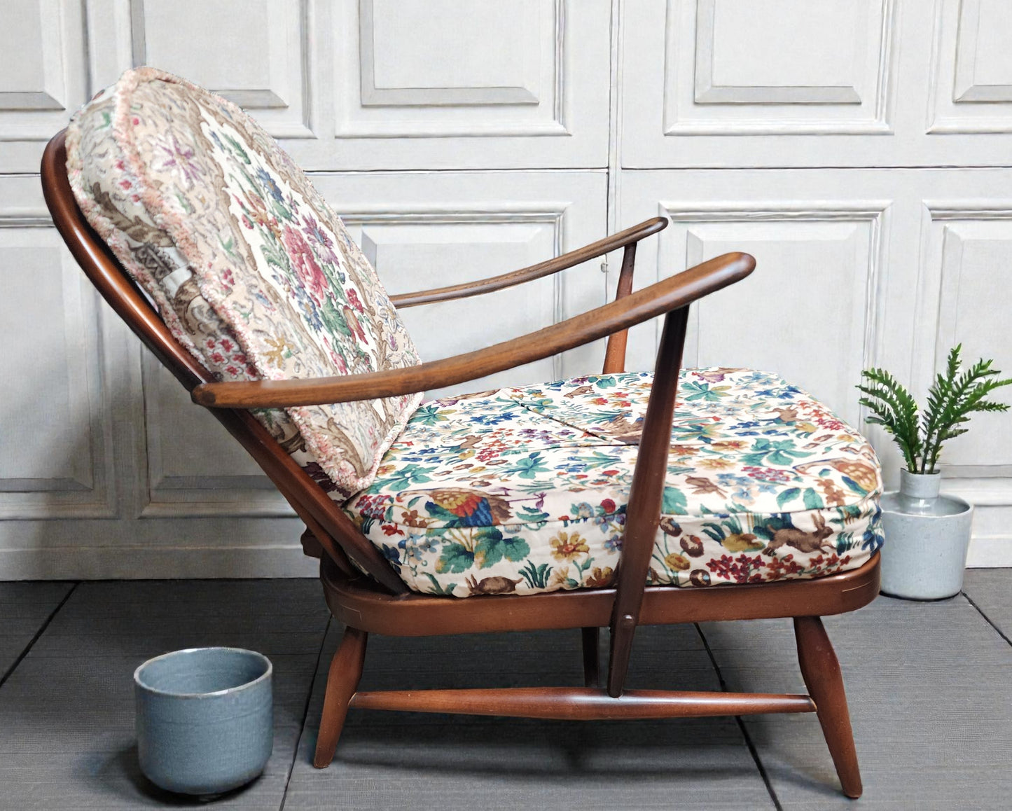RESTORED Mid Century Modern Elm Armchair by Ercol, fleur-de-lis