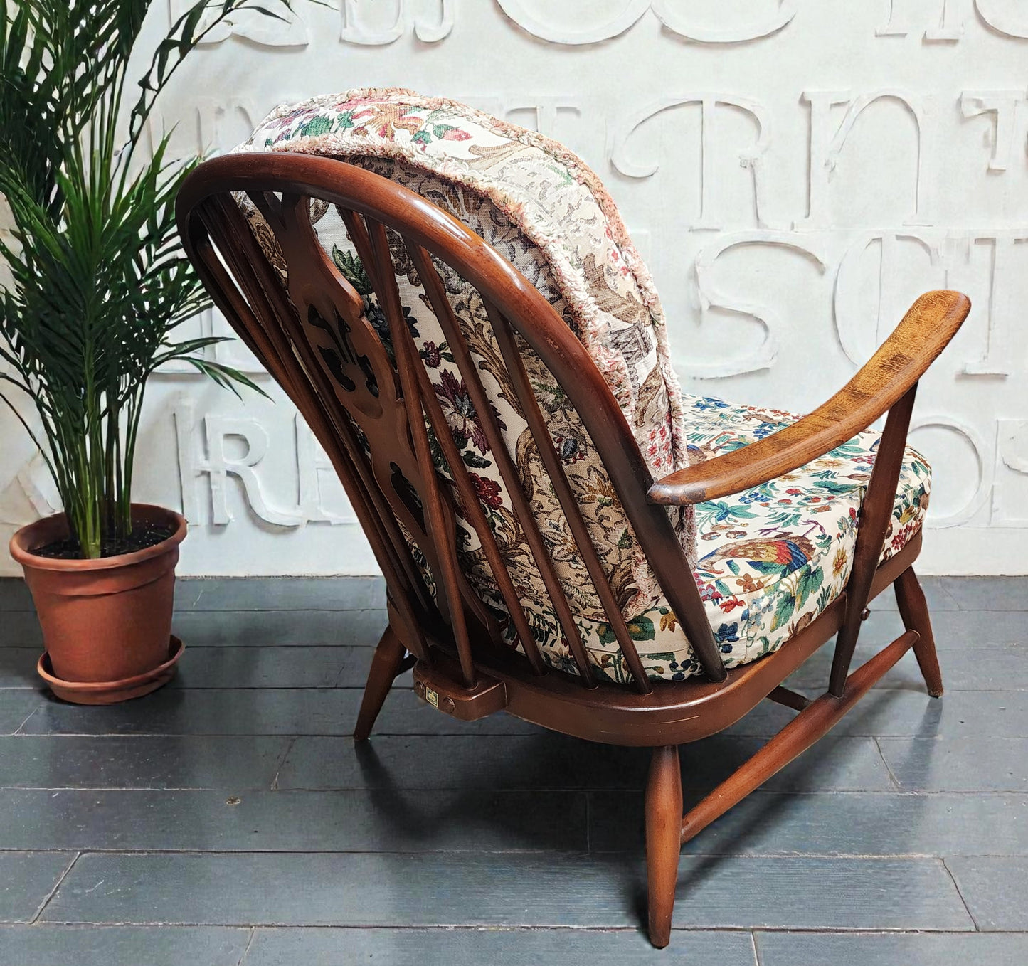 RESTORED Mid Century Modern Elm Armchair by Ercol, fleur-de-lis