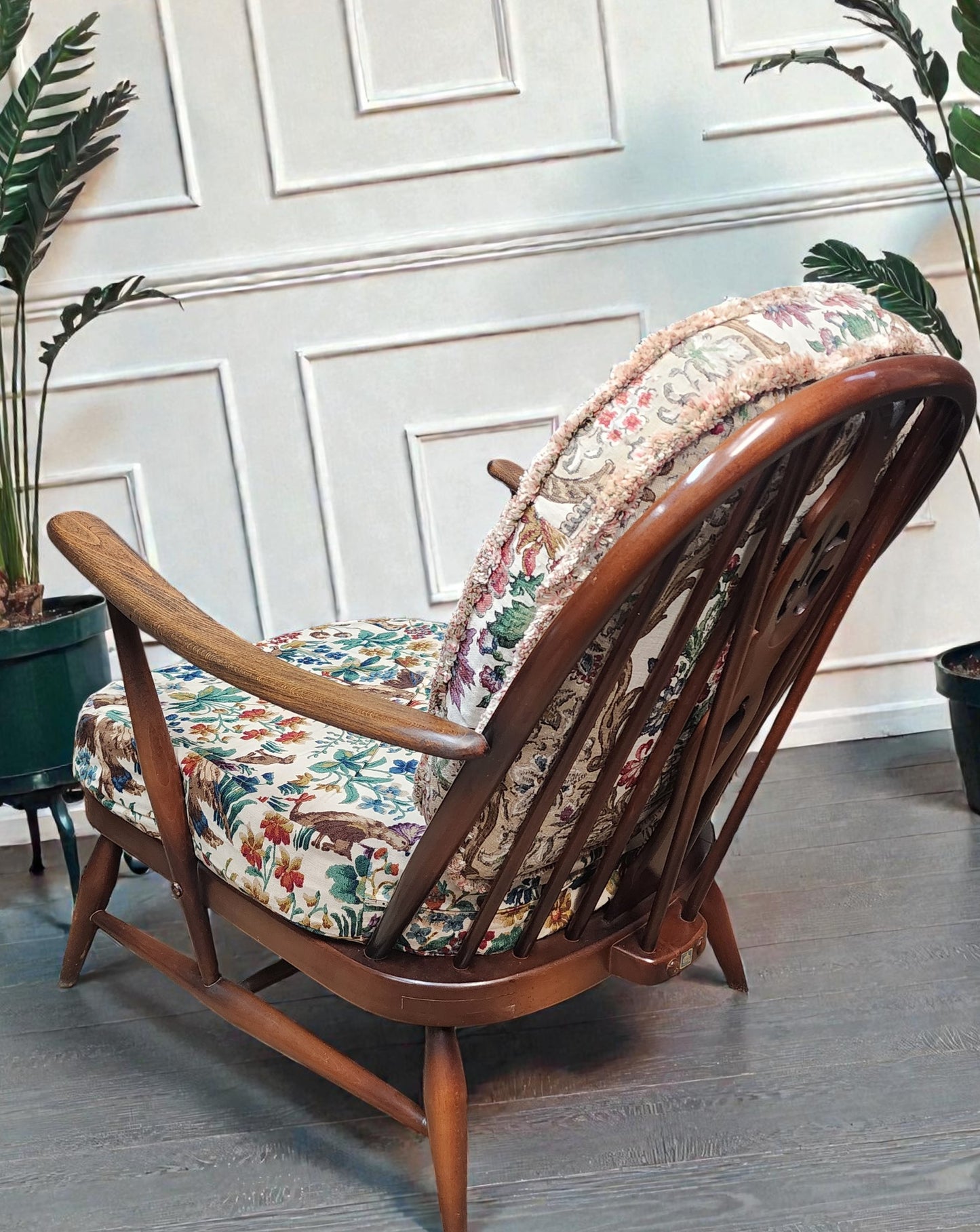 RESTORED Mid Century Modern Elm Armchair by Ercol, fleur-de-lis