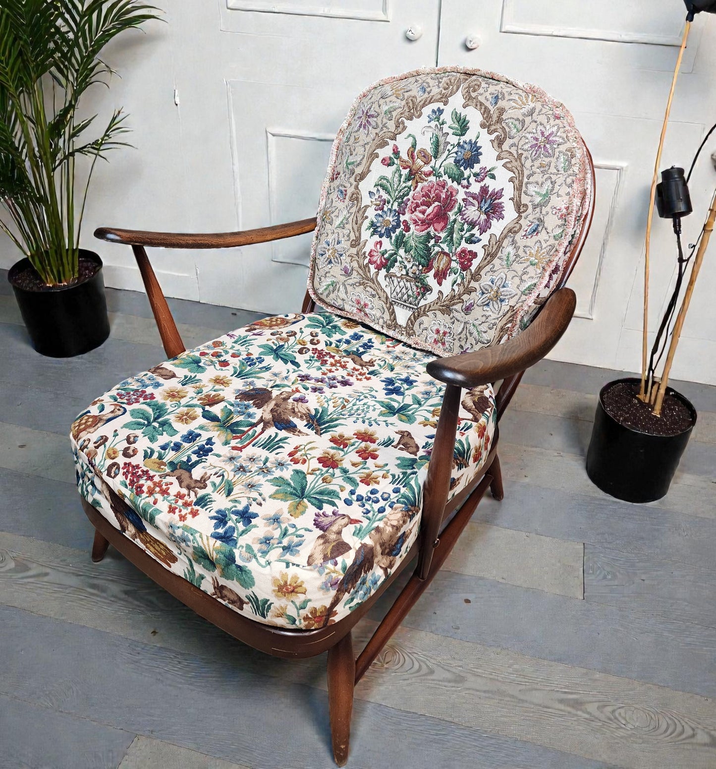 RESTORED Mid Century Modern Elm Armchair by Ercol, fleur-de-lis