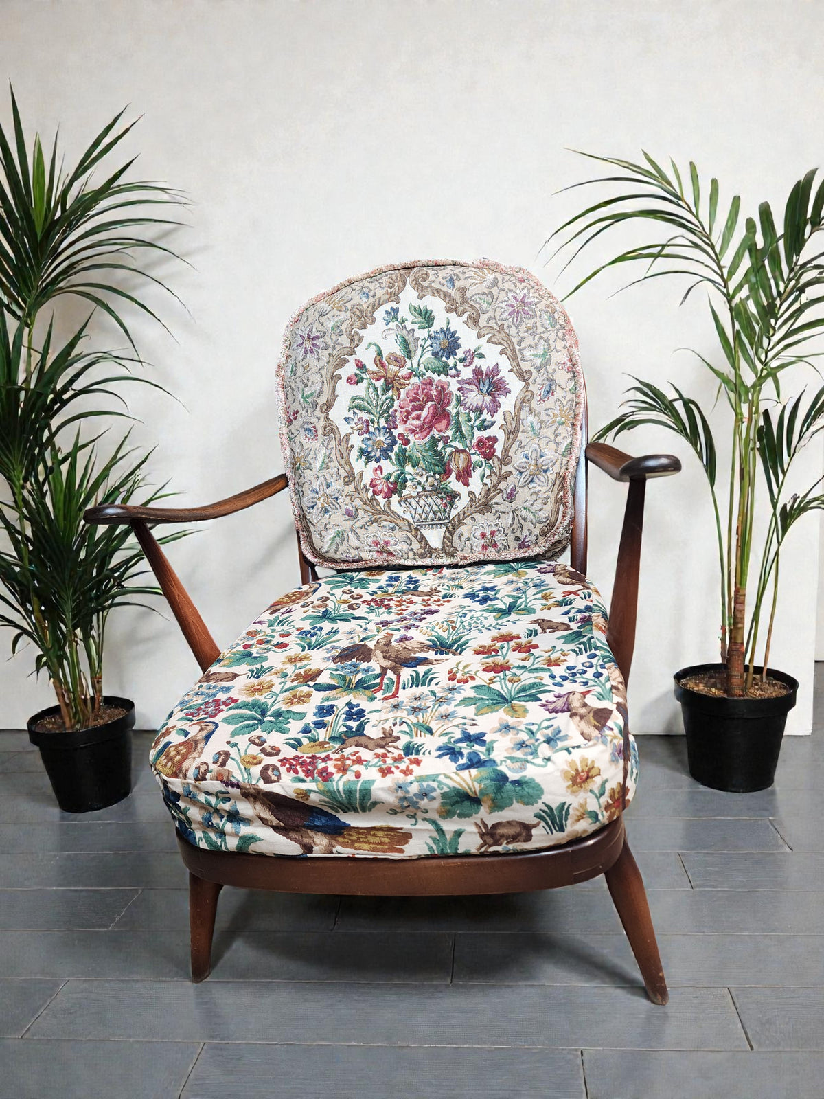 RESTORED Mid Century Modern Elm Armchair by Ercol, fleur-de-lis
