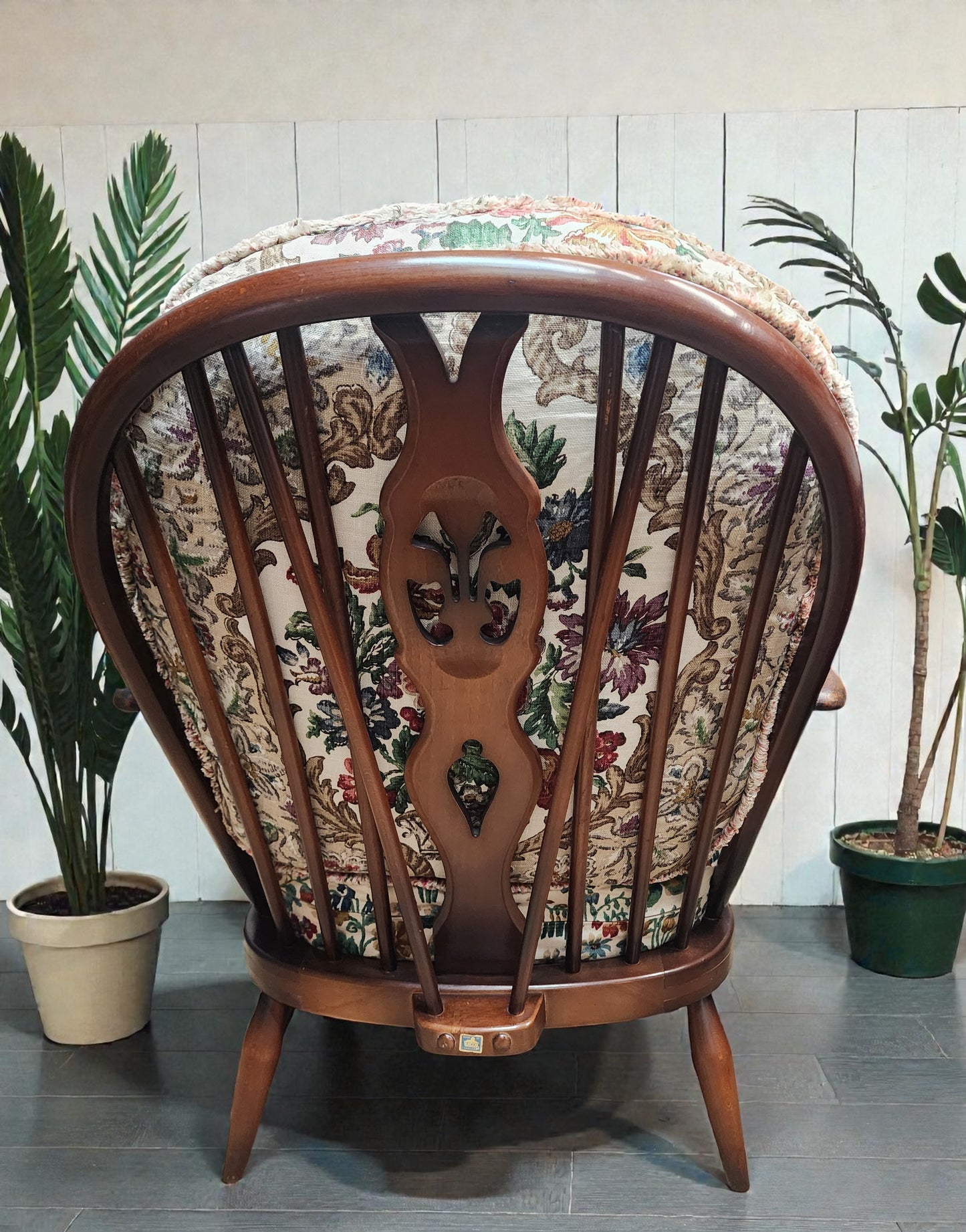 RESTORED Mid Century Modern Elm Armchair by Ercol, fleur-de-lis