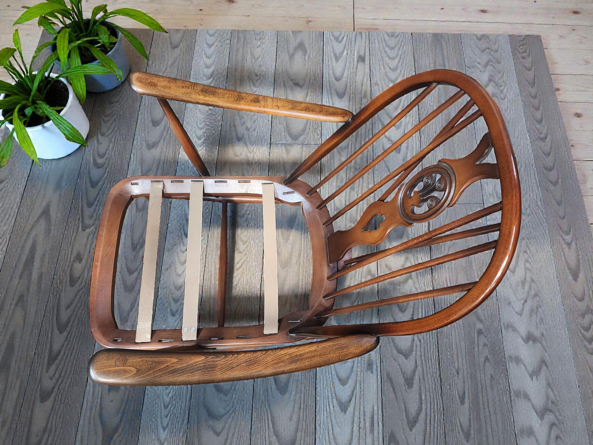 RESTORED Mid Century Modern Elm Armchair by Ercol, fleur-de-lis