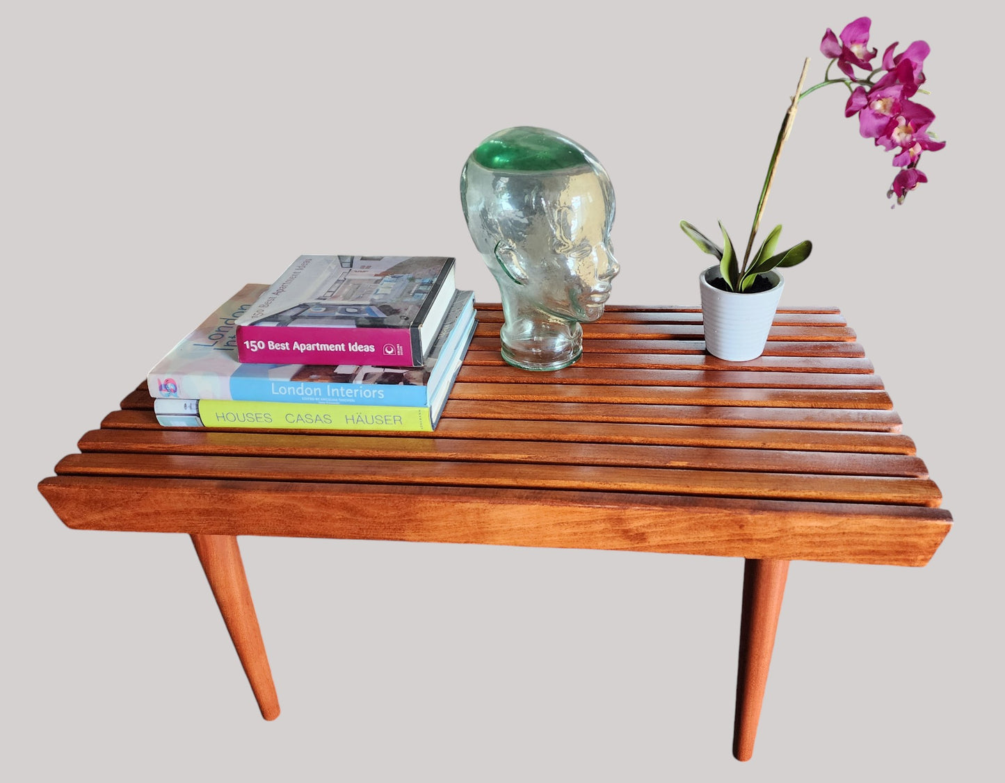 REFINISHED Mid Century Modern Teak Slatted Bench or Coffee Table 3 ft