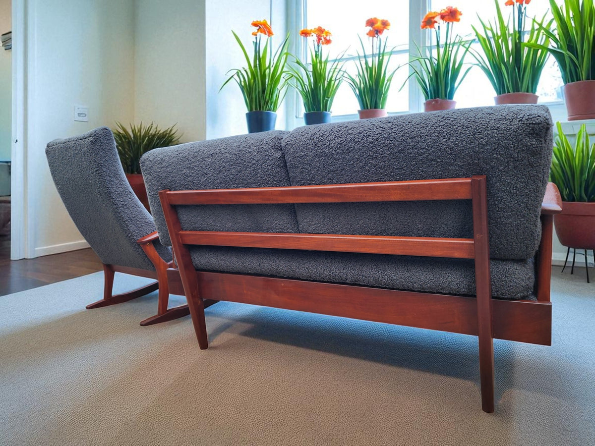 REFINISHED MCM Teak Loveseat Daybed & 3 Armchairs by Toothill, UK REUPHOLSTERED
