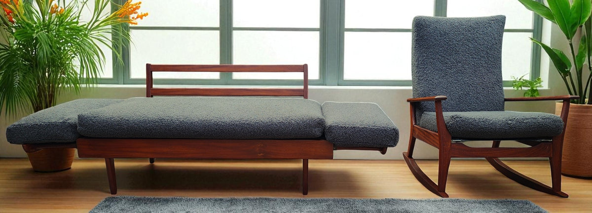 REFINISHED MCM Teak Loveseat Daybed & 3 Armchairs by Toothill, UK REUPHOLSTERED