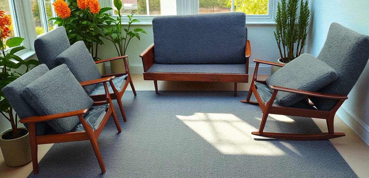 REFINISHED MCM Teak Loveseat Daybed & 3 Armchairs by Toothill, UK REUPHOLSTERED