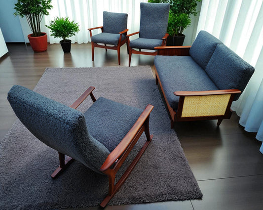 REFINISHED MCM Teak Loveseat Extendable & 3 Armchairs by Toothill, UK REUPHOLSTERED