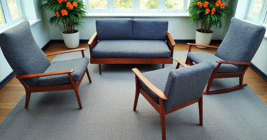 REFINISHED MCM Teak Loveseat Daybed & 3 Armchairs by Toothill, UK REUPHOLSTERED