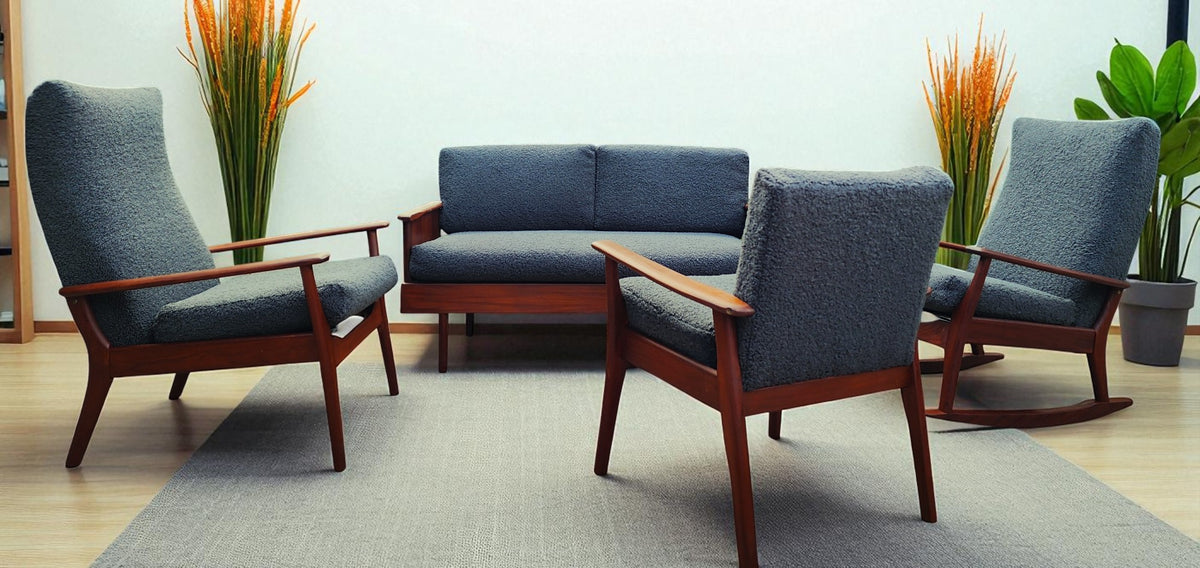REFINISHED MCM Teak Loveseat Daybed & 3 Armchairs by Toothill, UK REUPHOLSTERED
