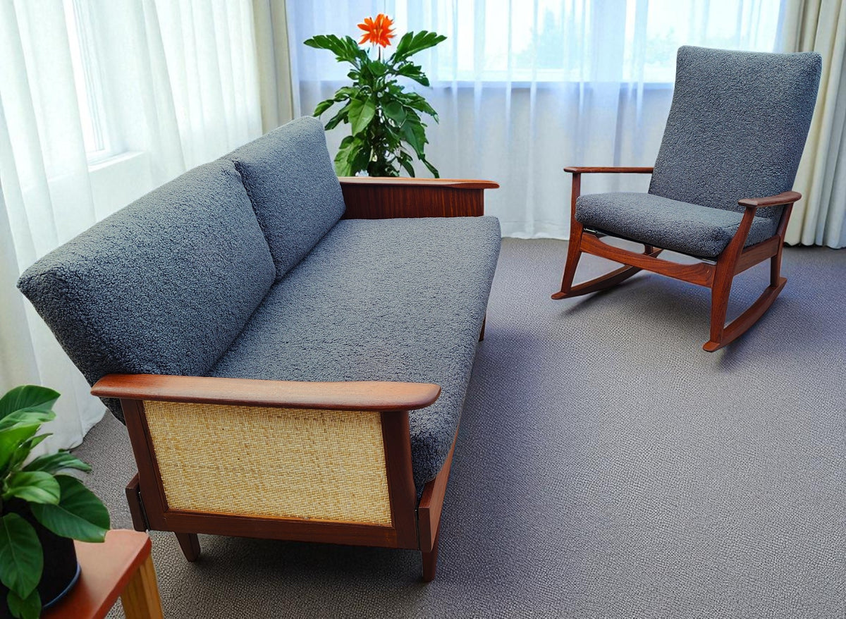 REFINISHED MCM Teak Loveseat Daybed & 3 Armchairs by Toothill, UK REUPHOLSTERED