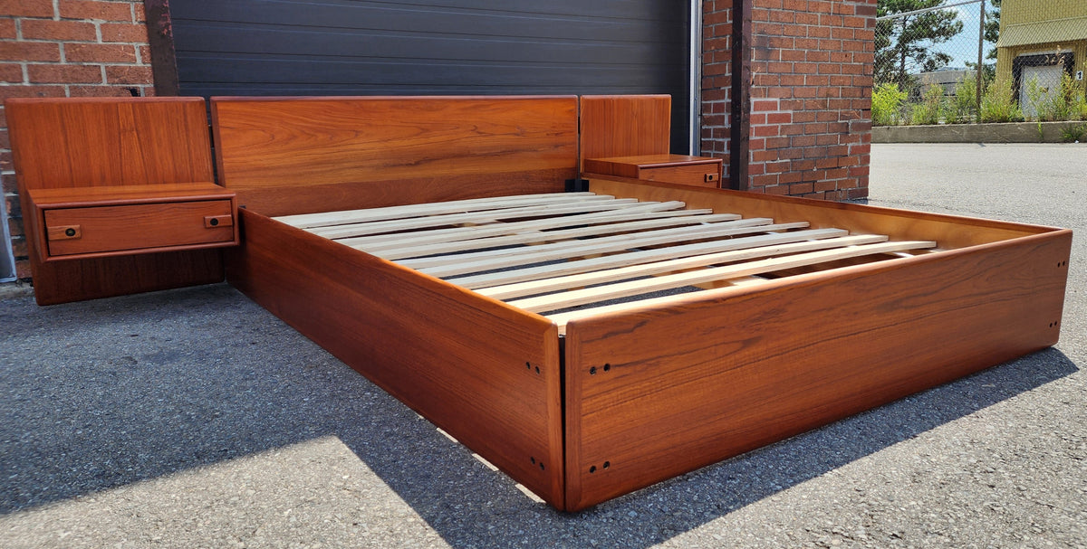 REFINISHED Mid Century Modern Teak Queen Bed w Floating Nightstands