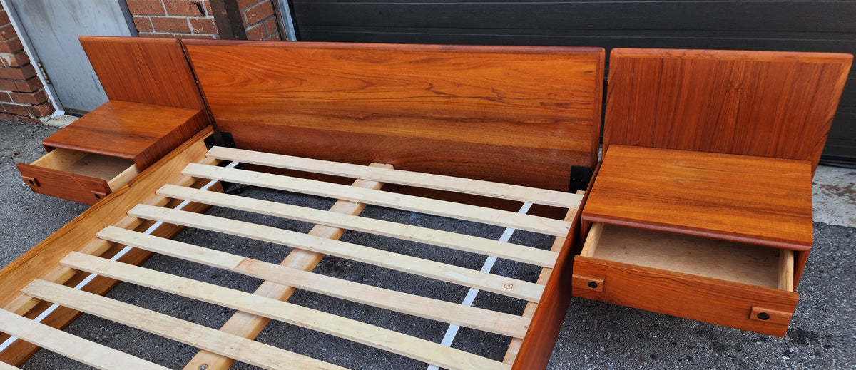 REFINISHED Mid Century Modern Teak Queen Bed w Floating Nightstands