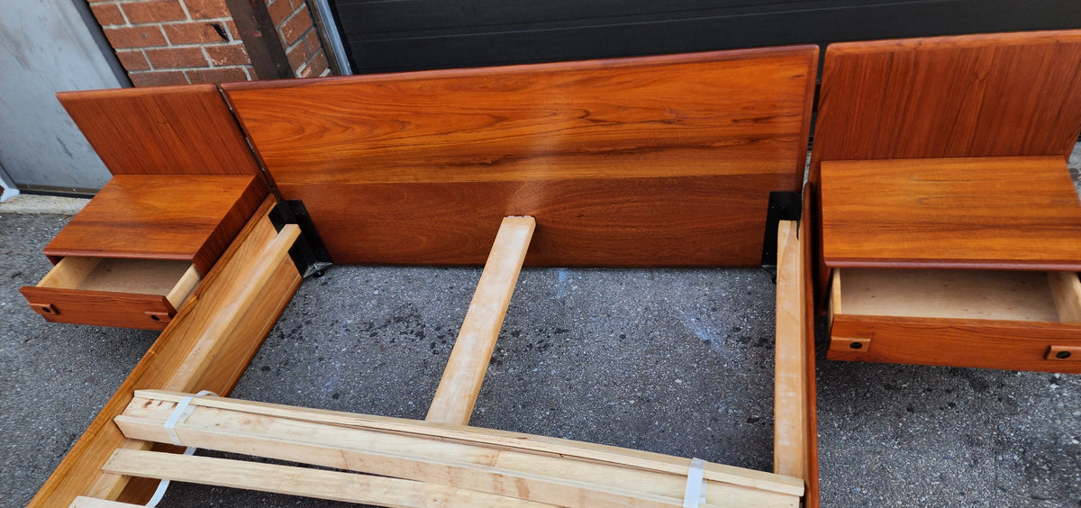 REFINISHED Mid Century Modern Teak Queen Bed w Floating Nightstands