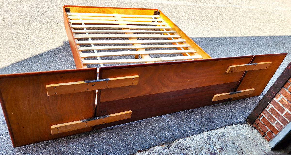 REFINISHED Mid Century Modern Teak Queen Bed w Floating Nightstands
